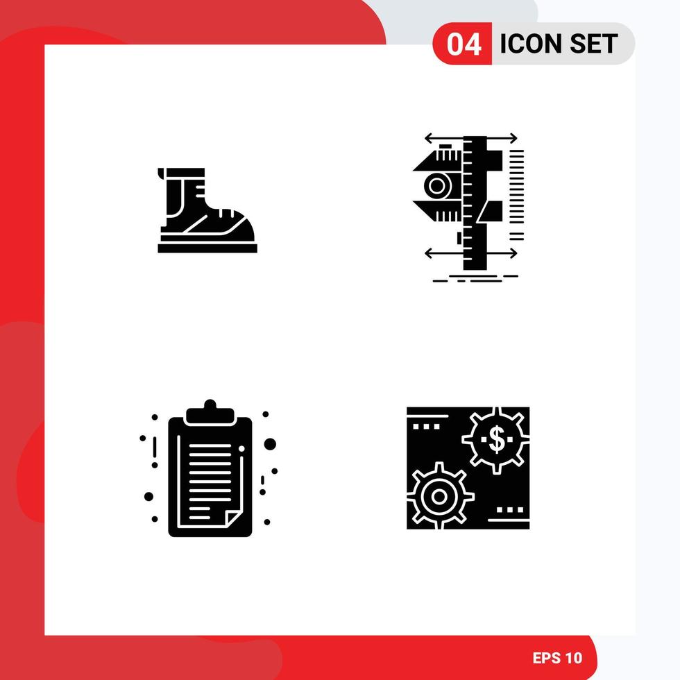 Conjunto de 4 glifos sólidos universales para aplicaciones web y móviles, calibre de seguimiento de medición de botas, elementos de diseño de vectores editables médicos