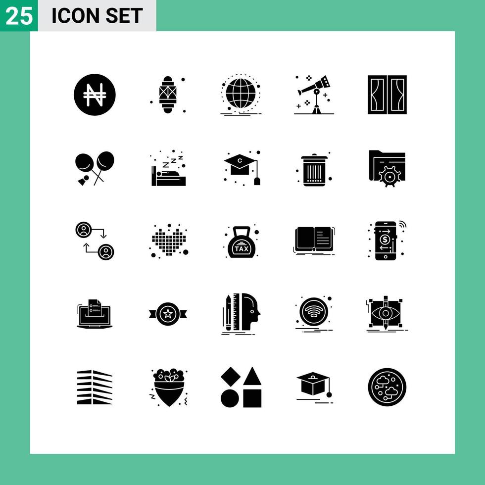 Mobile Interface Solid Glyph Set of 25 Pictograms of buildings space data science web Editable Vector Design Elements