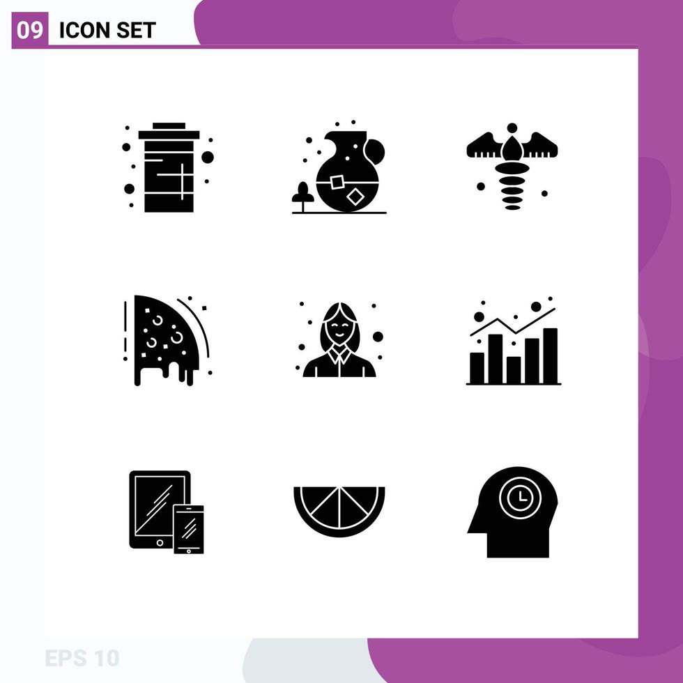 Set of 9 Vector Solid Glyphs on Grid for avatar food drink pizza pharmacy Editable Vector Design Elements