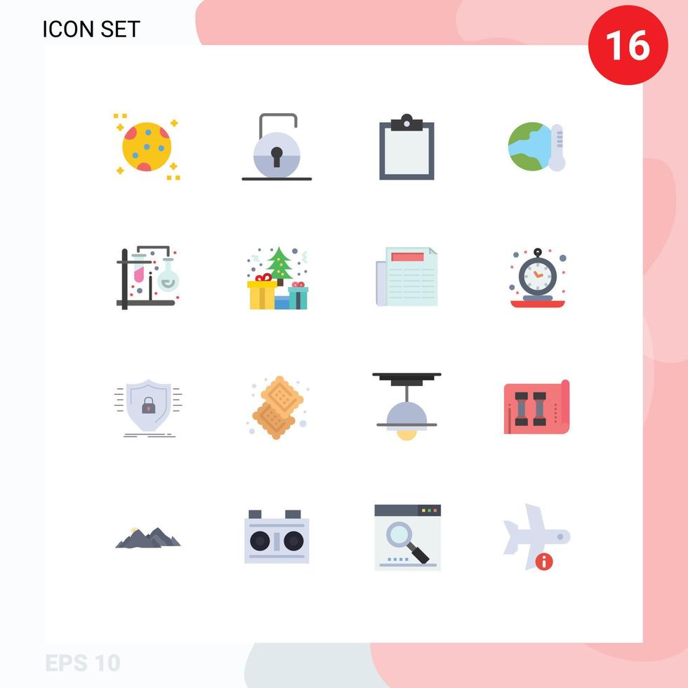 Flat Color Pack of 16 Universal Symbols of tubes chemistry clipboard temperature global Editable Pack of Creative Vector Design Elements