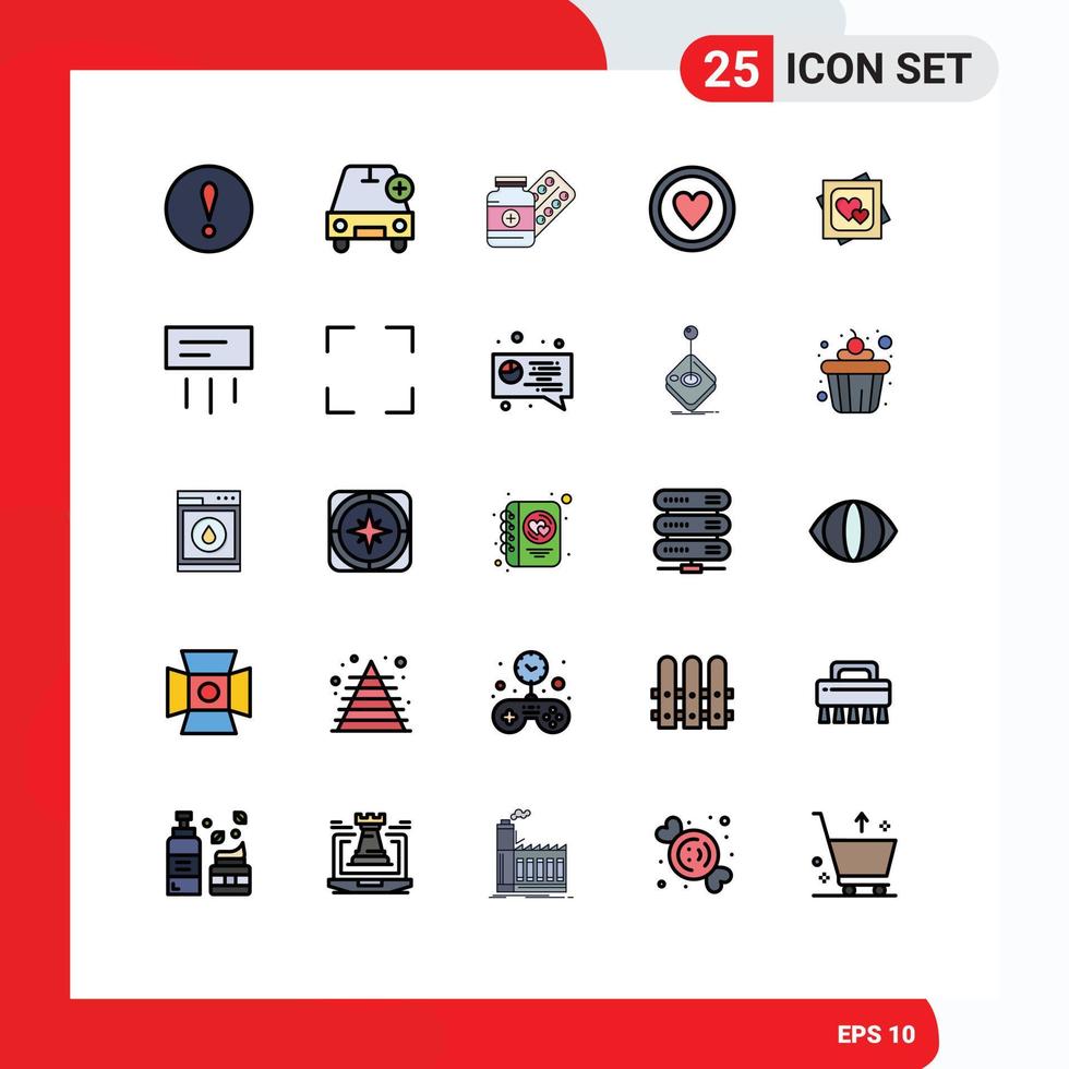 Pack of 25 Modern Filled line Flat Colors Signs and Symbols for Web Print Media such as card board medicine love tablet Editable Vector Design Elements