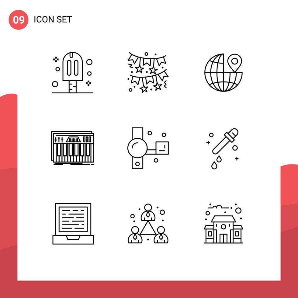 Group of 9 Modern Outlines Set for camera sound globe midi keyboard Editable Vector Design Elements