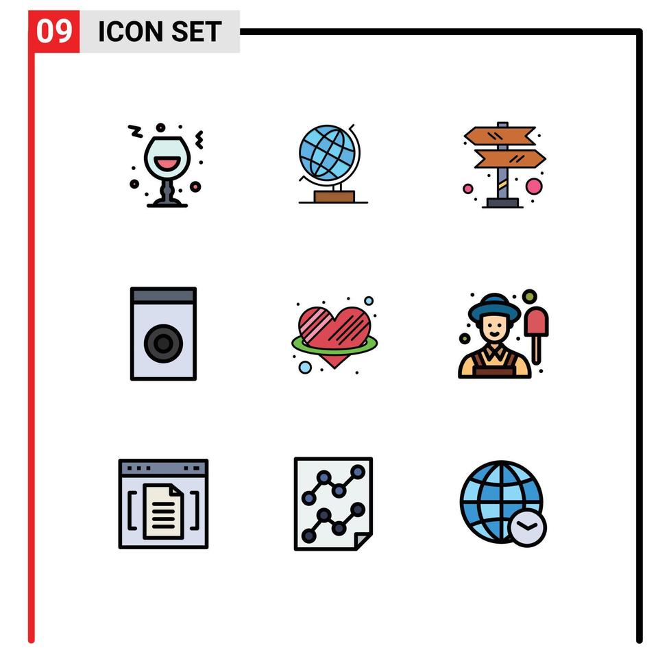 grupo de 9 signos y símbolos de colores planos de línea rellena para elementos de diseño de vectores editables de navegación doméstica web de lavado de corazón
