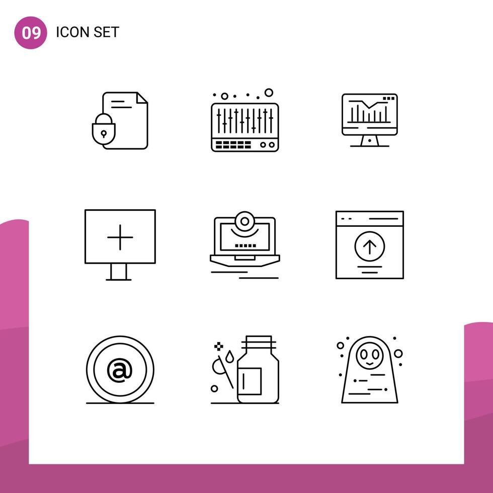 Editable Vector Line Pack of 9 Simple Outlines of camera warning computer virus aim Editable Vector Design Elements