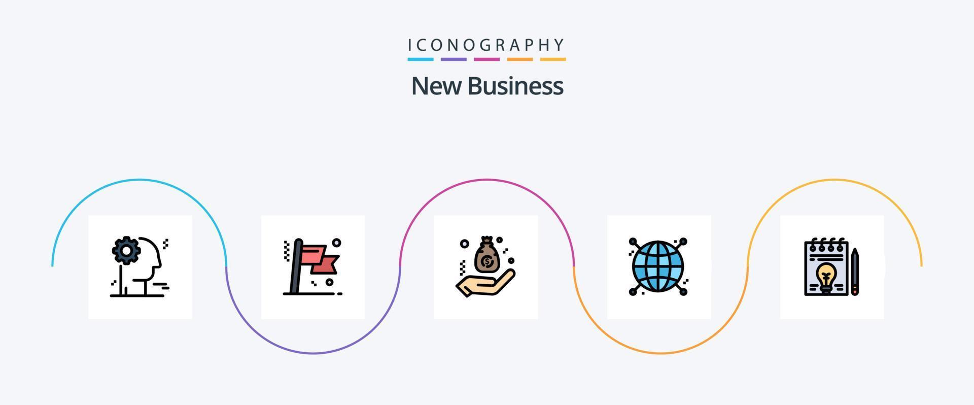 nueva línea de negocio llena de paquete de iconos planos 5 que incluye documento. red. presupuesto. globo. conectado vector