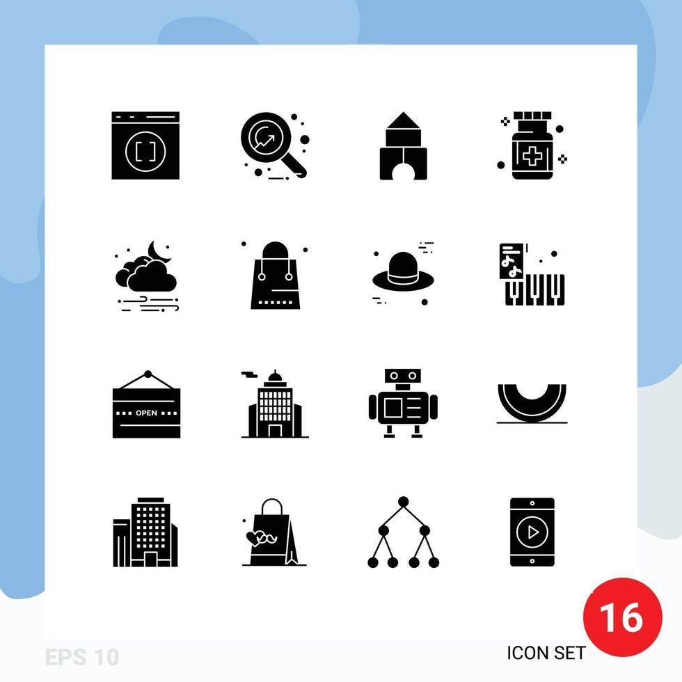 Mobile Interface Solid Glyph Set of 16 Pictograms of wind medicine building medical health Editable Vector Design Elements