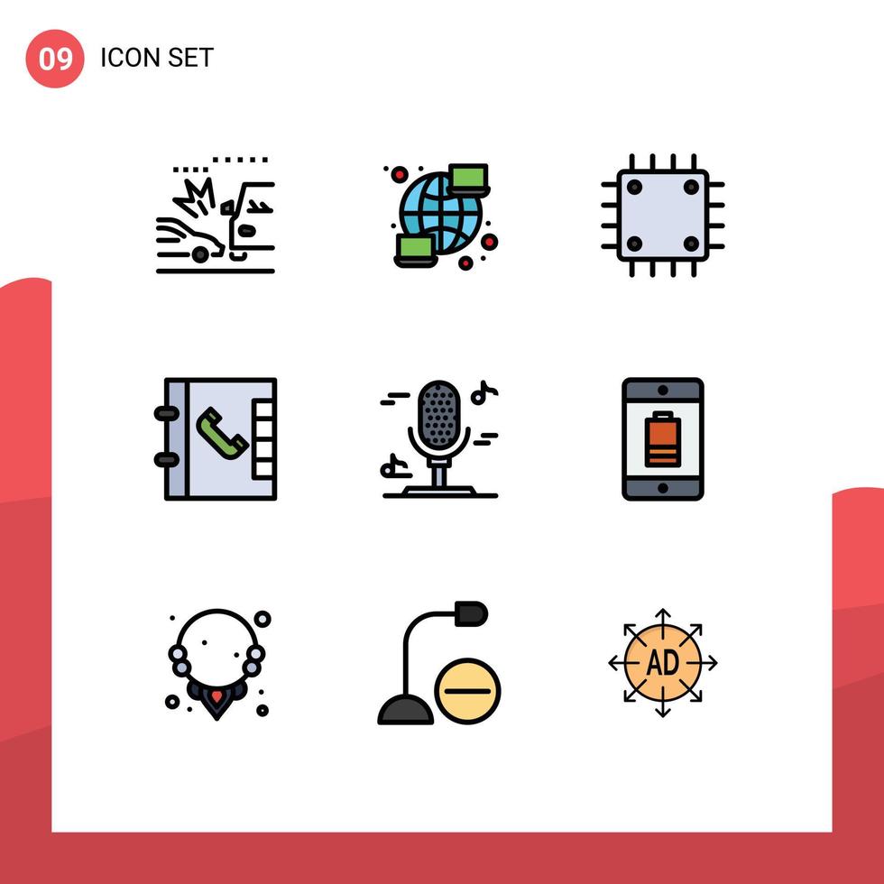 Set of 9 Commercial Filledline Flat Colors pack for music audio chipset phone hardware Editable Vector Design Elements