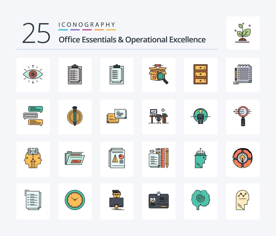 Office Essentials And Operational Exellence 25 Line Filled icon pack including notepad. closet. presentation. cabinet. e shopping vector