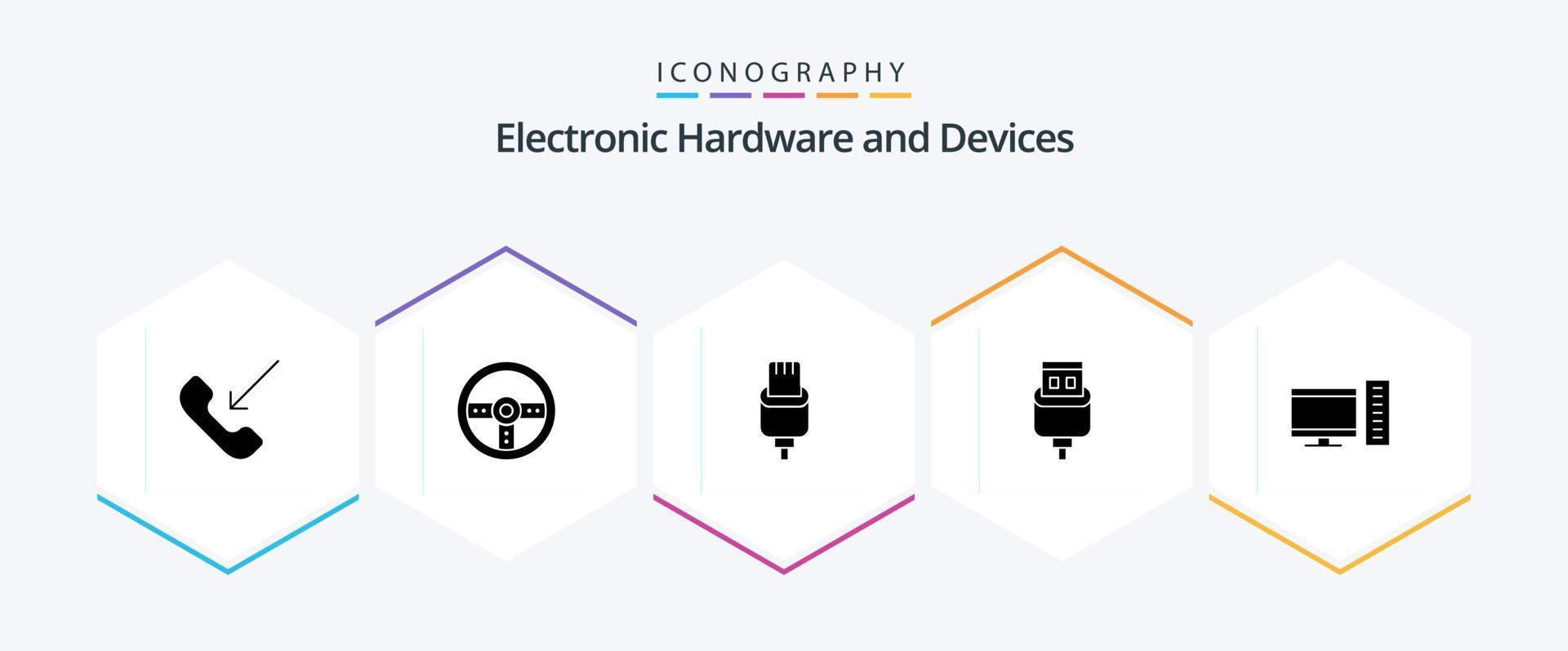 Devices 25 Glyph icon pack including desktop. usb. cable. connector. cable vector