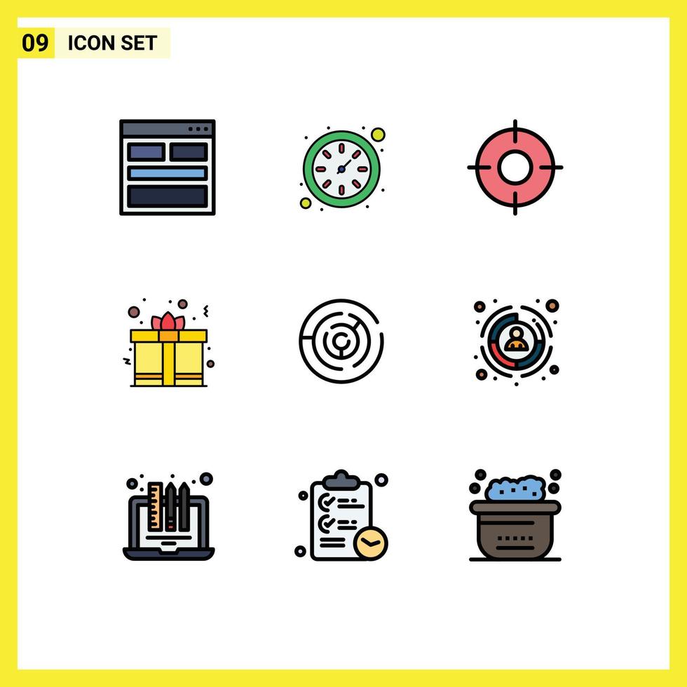 9 Universal Filledline Flat Color Signs Symbols of puzzle heart basic gift box ux Editable Vector Design Elements