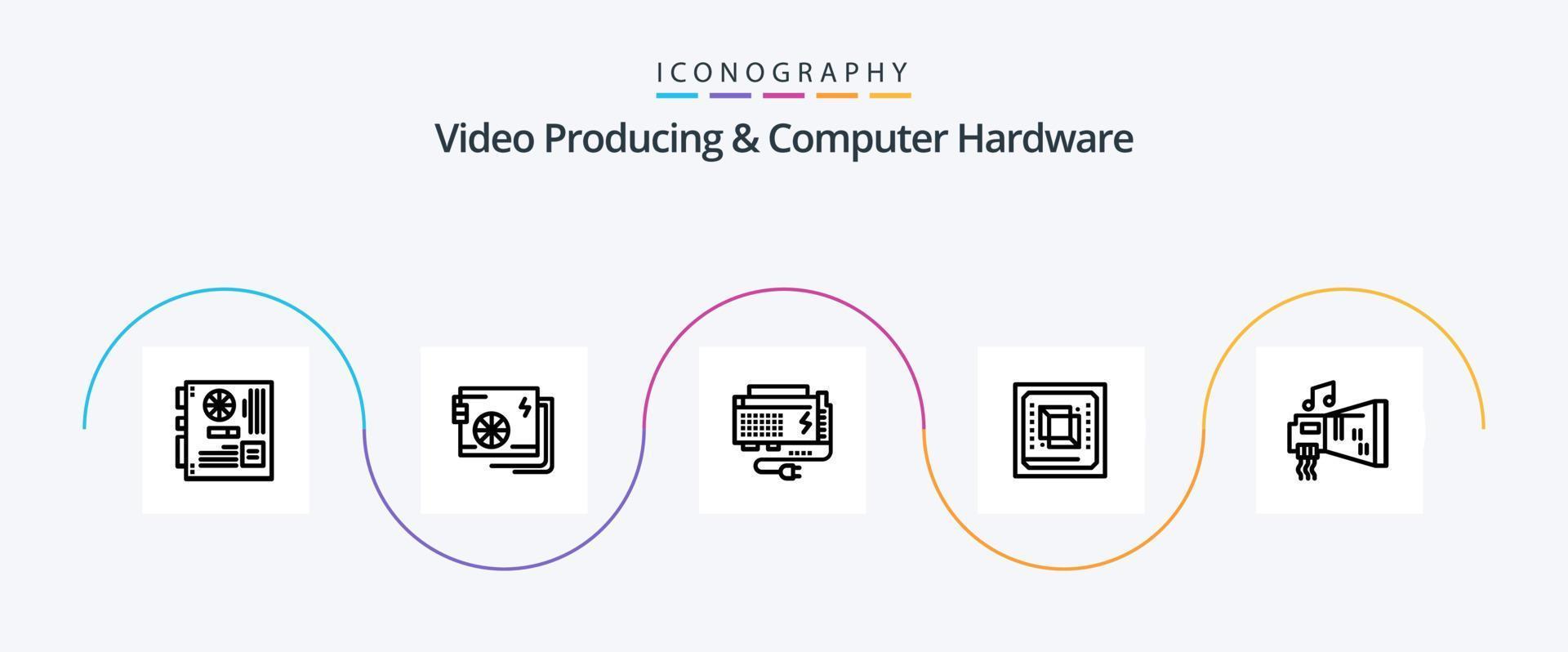 Paquete de íconos de línea 5 de producción de video y hardware de computadora que incluye cpu. chip. poder. fuente. computadora vector