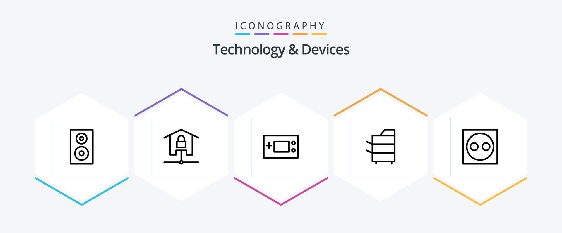 Paquete de iconos de 25 líneas de dispositivos que incluye electrónica. copiador. bloqueado. tecnología. game boy vector