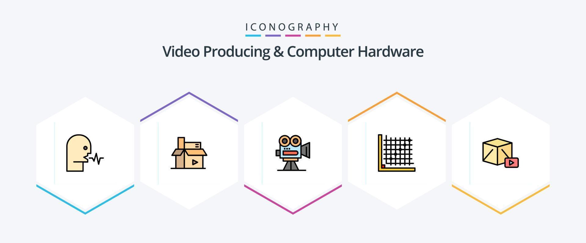 Video Producing And Computer Hardware 25 FilledLine icon pack including edit. color. media. professional. film vector