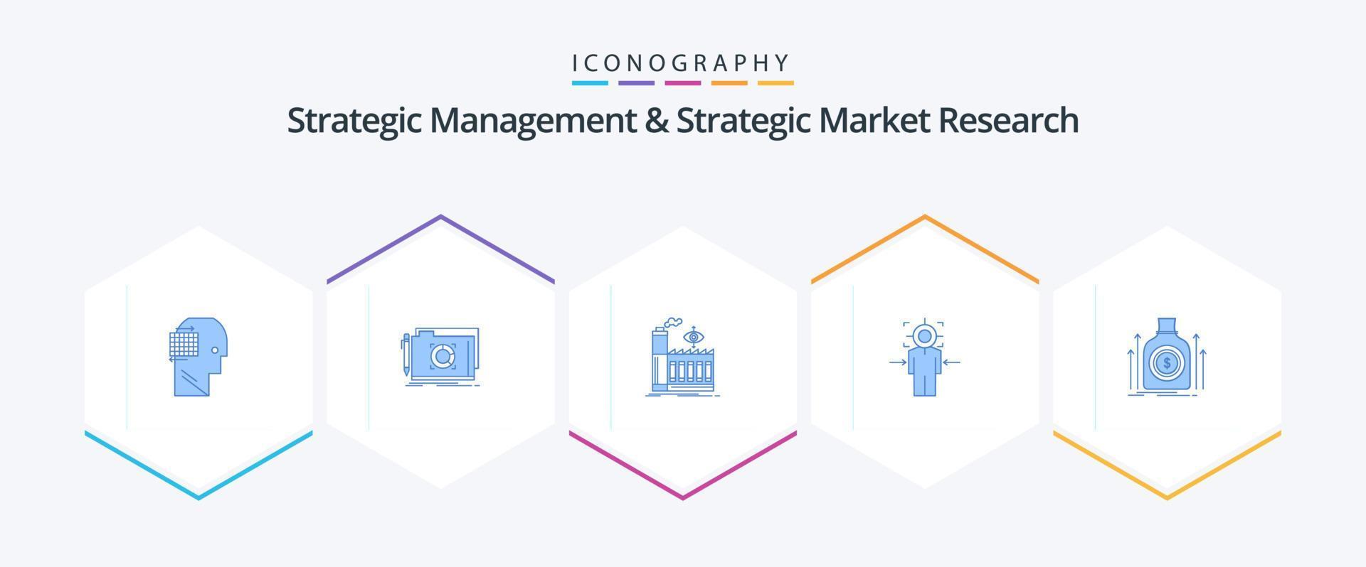 Strategic Management And Strategic Market Research 25 Blue icon pack including bag. achieve. mill. target. man vector