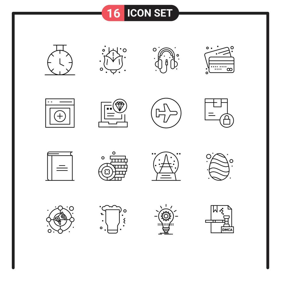 Pack of 16 Modern Outlines Signs and Symbols for Web Print Media such as user interface headphone communication money Editable Vector Design Elements