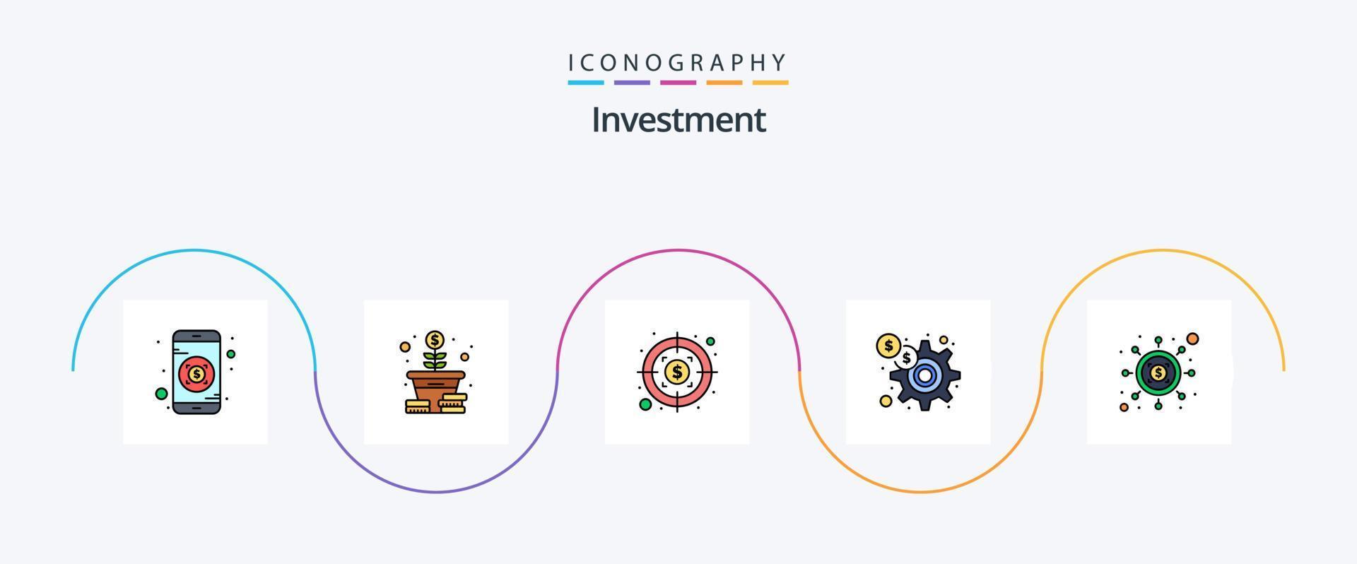 Investment Line Filled Flat 5 Icon Pack Including dollar. seo. investment. investment. gear vector