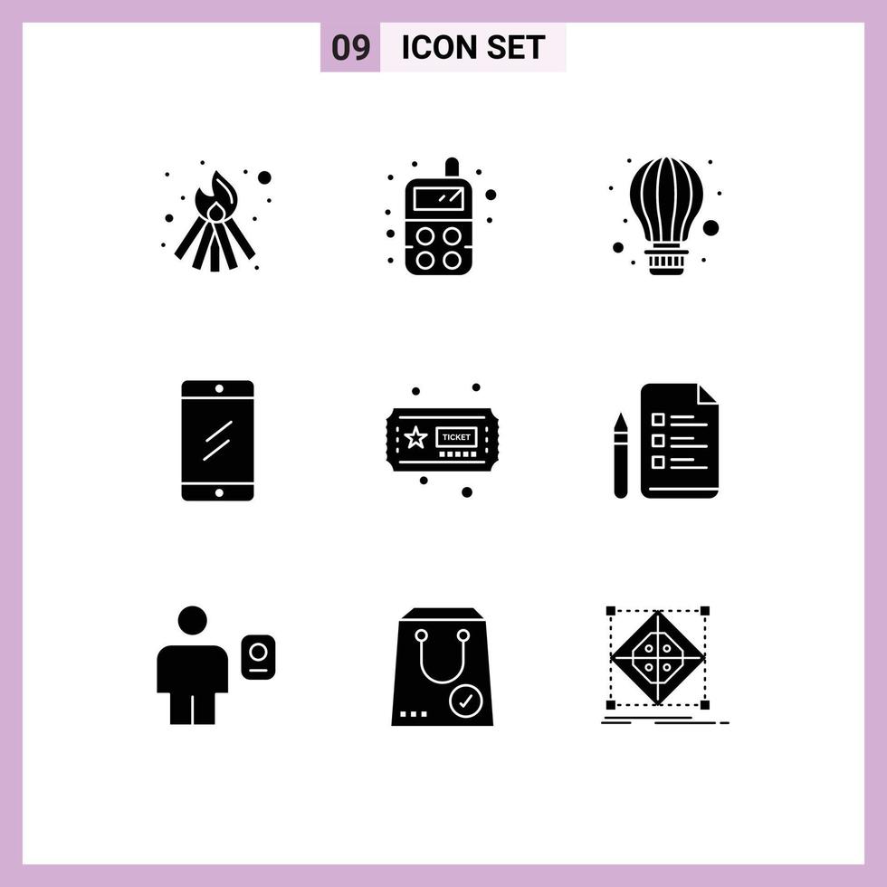 Pack of 9 Modern Solid Glyphs Signs and Symbols for Web Print Media such as file hobbies parachute ticket education Editable Vector Design Elements