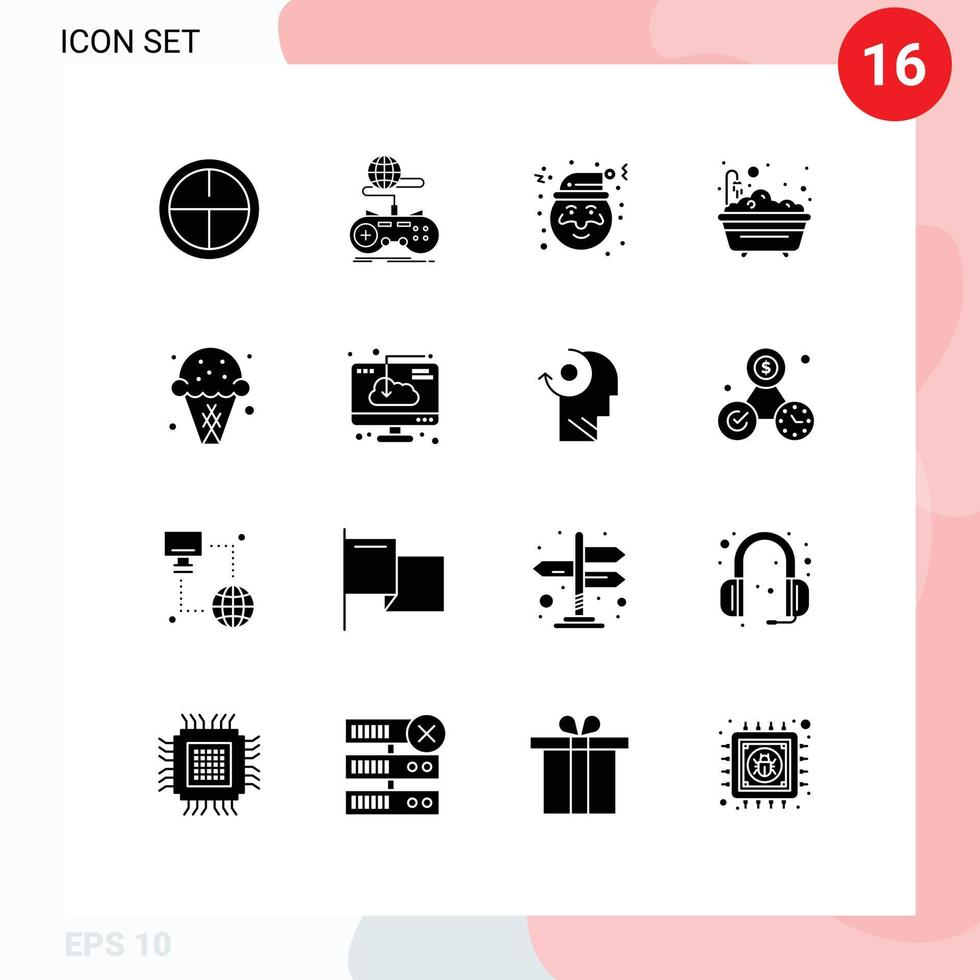 Group of 16 Solid Glyphs Signs and Symbols for ice dessert christmas bathroom bathtub Editable Vector Design Elements