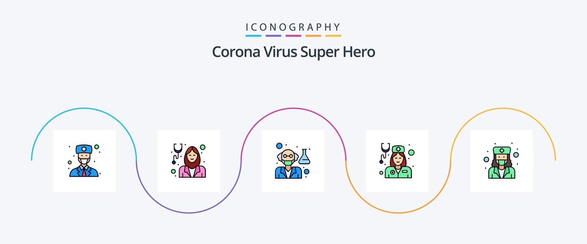Corona Virus Super Hero Line Filled Flat 5 Icon Pack Including nurse. female. doctor. female. physician vector