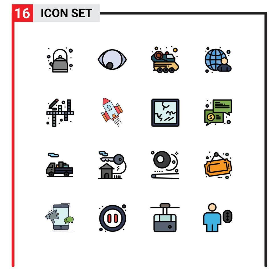 User Interface Pack of 16 Basic Flat Color Filled Lines of hobbies activities space internet globe Editable Creative Vector Design Elements