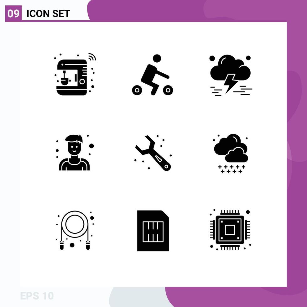 Modern Set of 9 Solid Glyphs and symbols such as plumbing sportsman transport man thunderstorm Editable Vector Design Elements