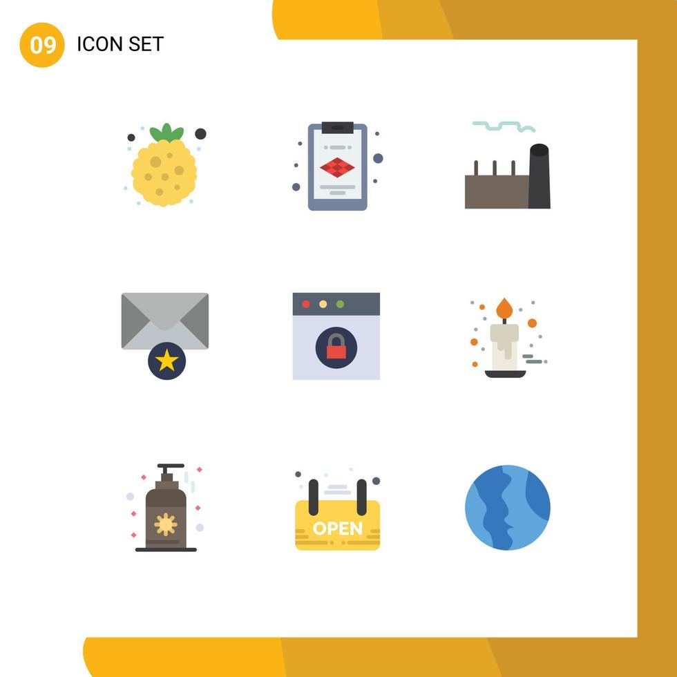 Pack of 9 Modern Flat Colors Signs and Symbols for Web Print Media such as candle lock cooling tower app message Editable Vector Design Elements