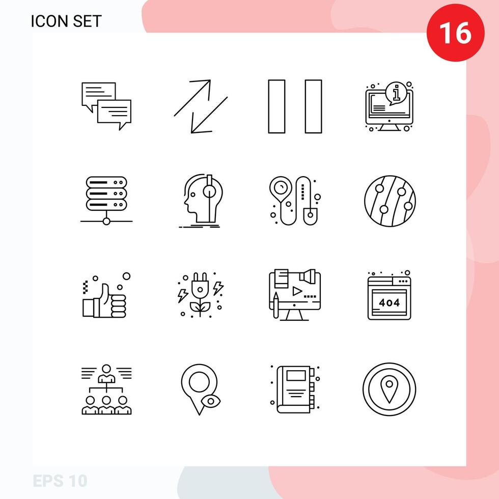 Set of 16 Vector Outlines on Grid for headphones server pause network information Editable Vector Design Elements