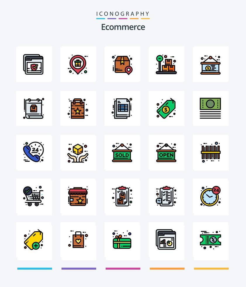 paquete de iconos rellenos de 25 líneas de comercio electrónico creativo, como el tablero. paquete. compras. caja. lugar vector