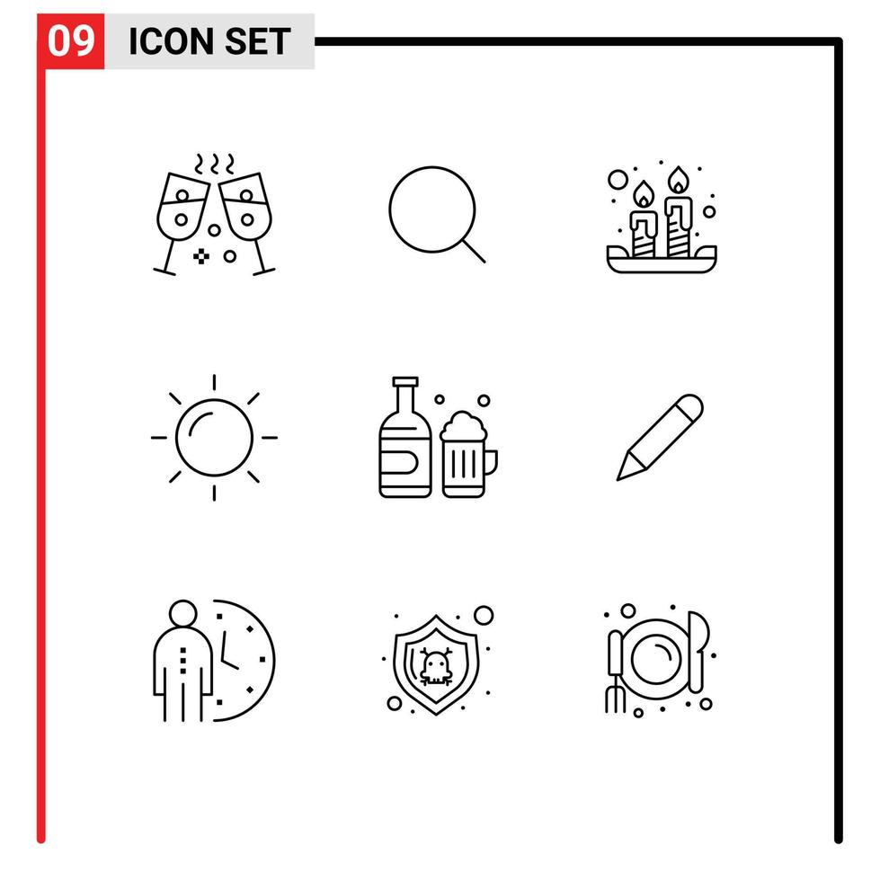 Pack of 9 creative Outlines of pencil cup spring beer sun Editable Vector Design Elements