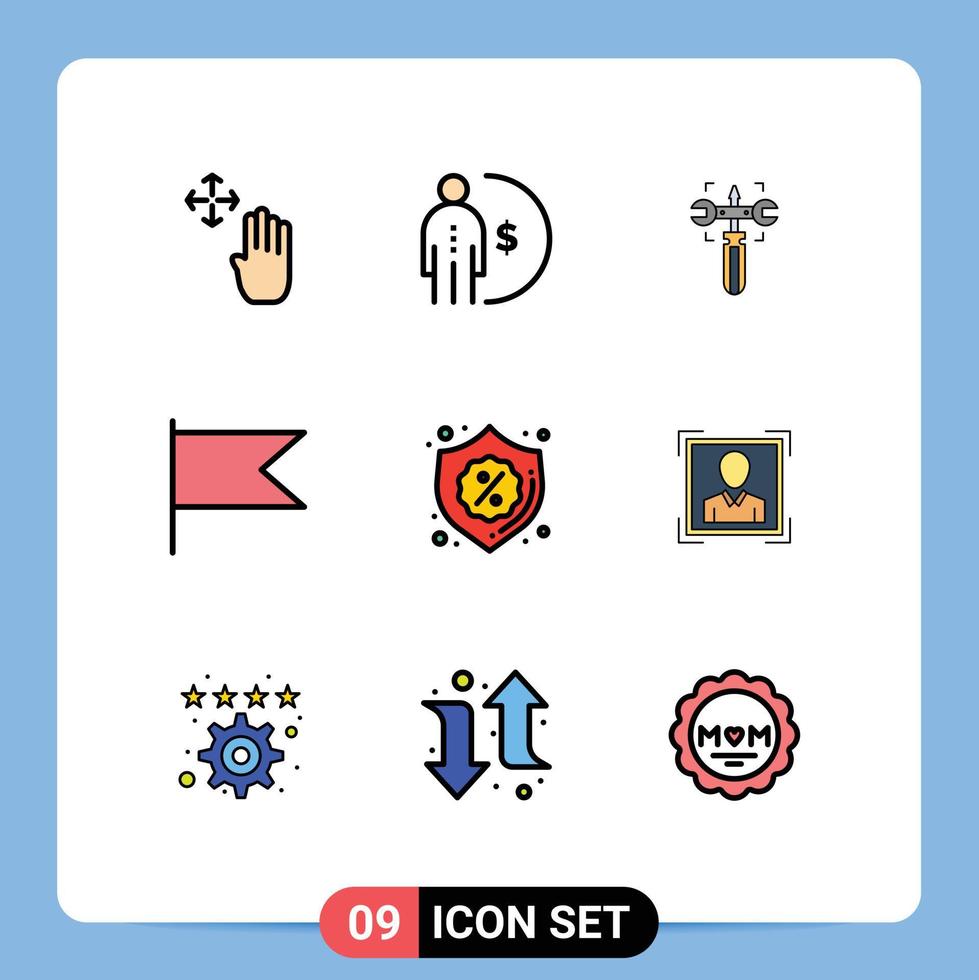 9 Universal Filledline Flat Colors Set for Web and Mobile Applications badge mark money flag screw Editable Vector Design Elements