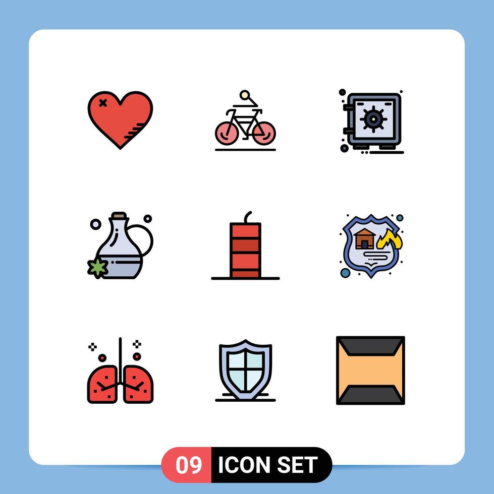 Mobile Interface Filledline Flat Color Set of 9 Pictograms of bang jug biking floral essence security Editable Vector Design Elements