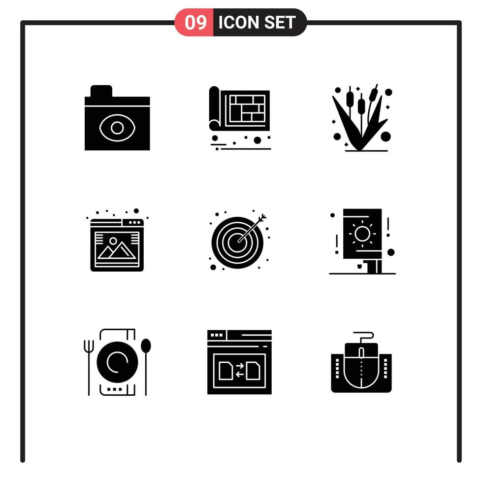 Mobile Interface Solid Glyph Set of 9 Pictograms of arrow seo corn photo maize Editable Vector Design Elements