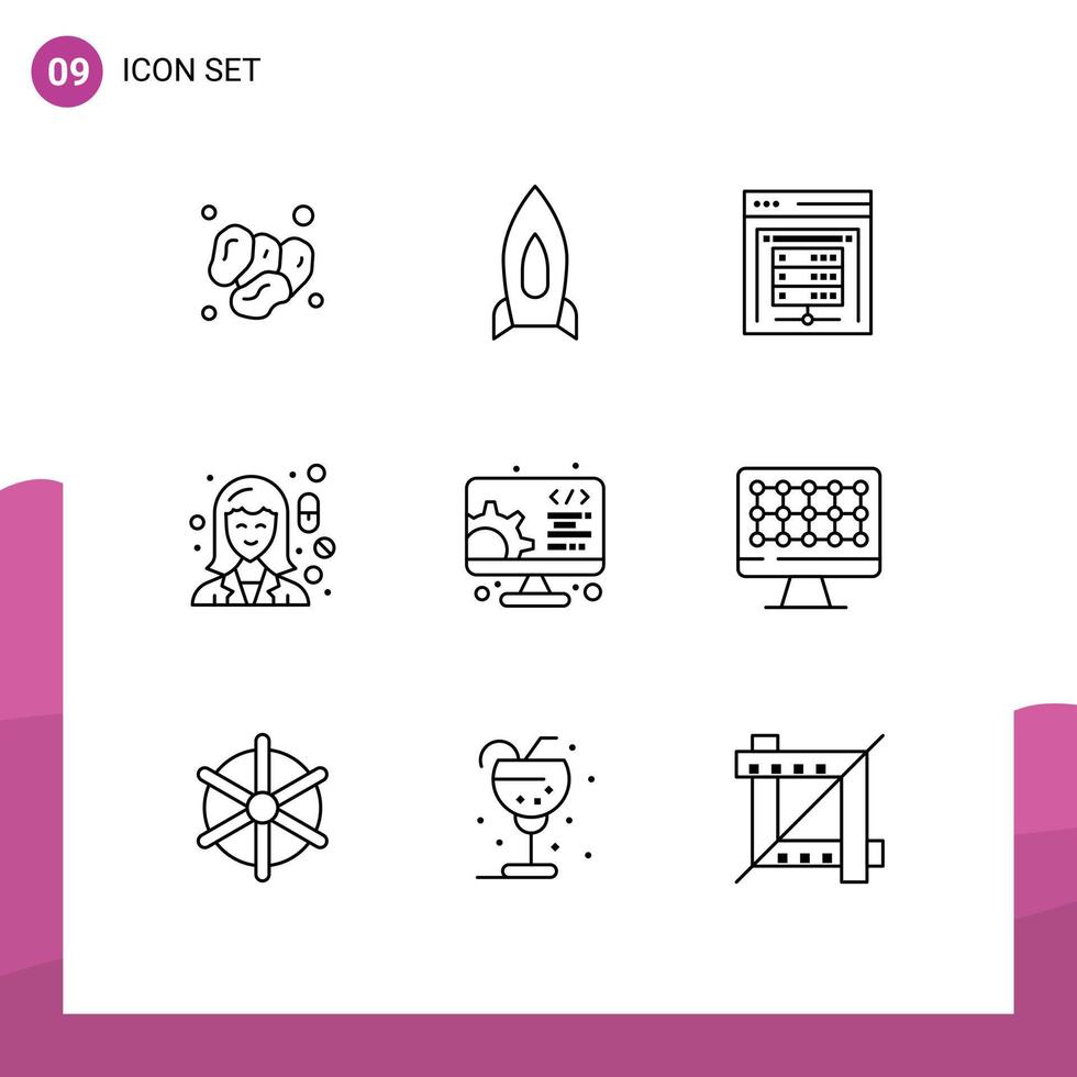 User Interface Pack of 9 Basic Outlines of pharmacy female startup chemist data server Editable Vector Design Elements
