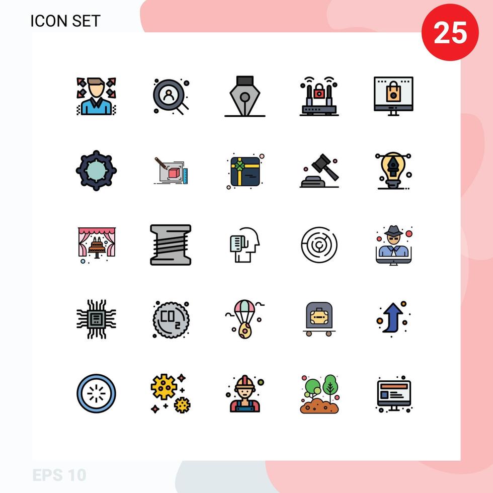 Set of 25 Commercial Filled line Flat Colors pack for shopping online tool computer protection Editable Vector Design Elements