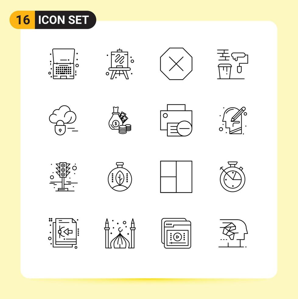 Universal Icon Symbols Group of 16 Modern Outlines of lock tools ban roller paint Editable Vector Design Elements
