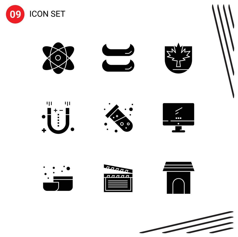 Set of 9 Vector Solid Glyphs on Grid for atom test canada science physics Editable Vector Design Elements