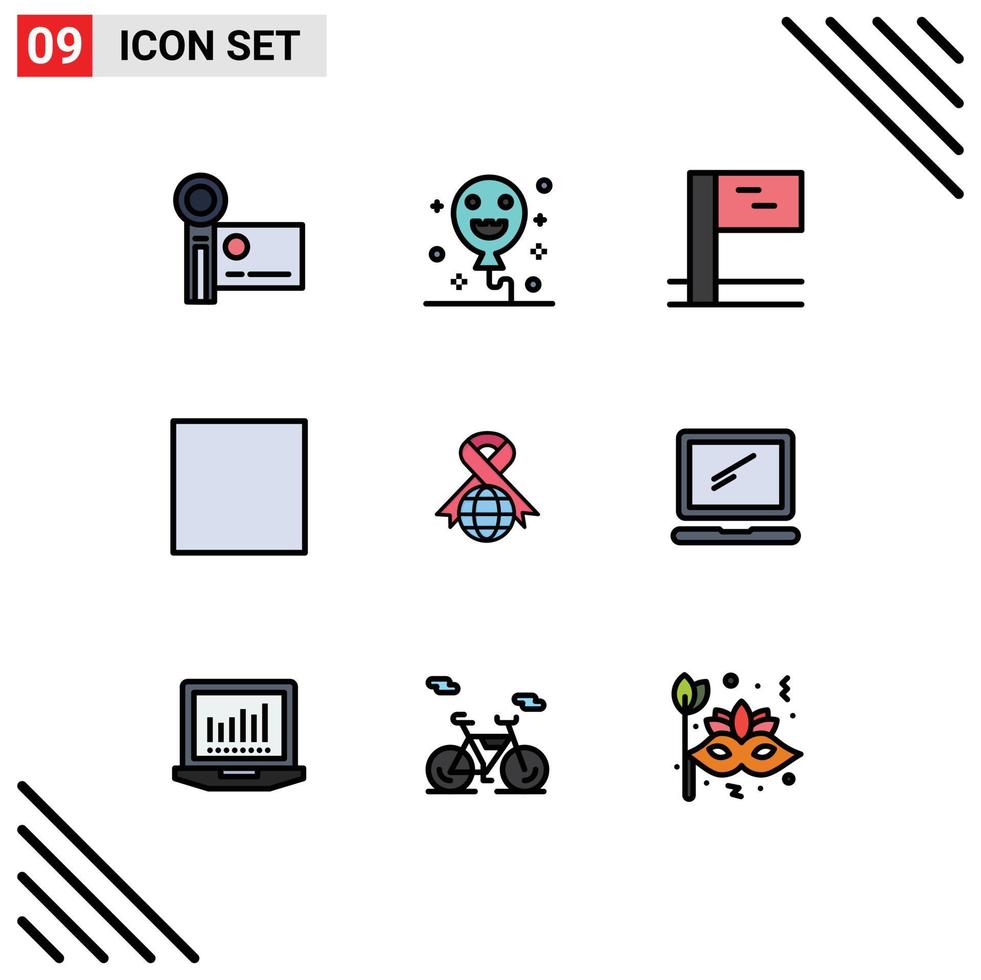 Set of 9 Vector Filledline Flat Colors on Grid for device computer flag world ribbon Editable Vector Design Elements