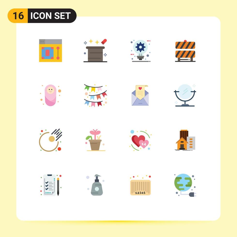 Universal Icon Symbols Group of 16 Modern Flat Colors of working area caution magician hat barrier design Editable Pack of Creative Vector Design Elements