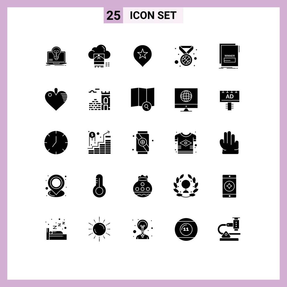 25 Universal Solid Glyphs Set for Web and Mobile Applications link prize cloud medal navigation Editable Vector Design Elements