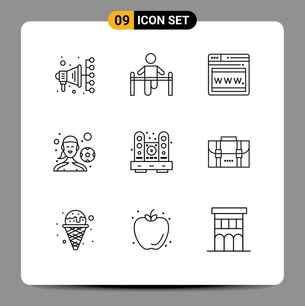 9 User Interface Outline Pack of modern Signs and Symbols of home desk seo playing football football player Editable Vector Design Elements