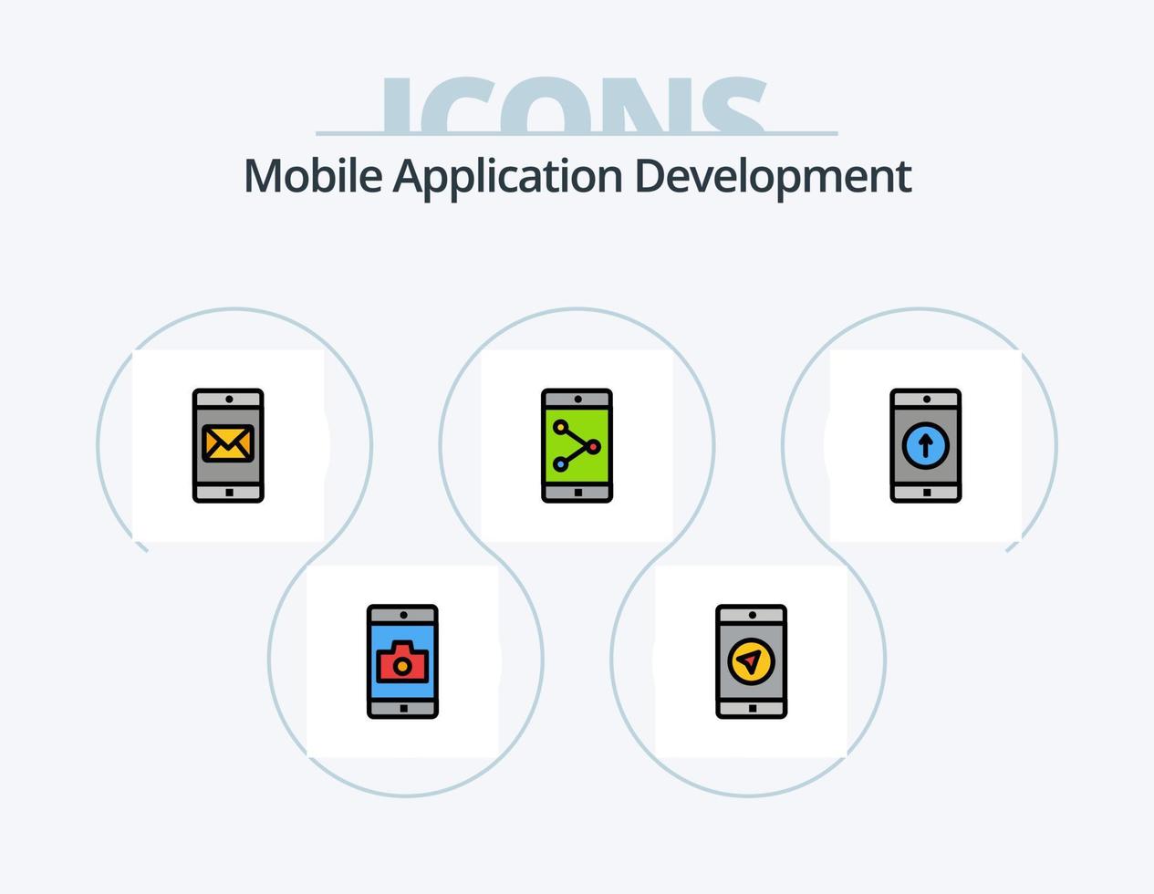 línea de desarrollo de aplicaciones móviles paquete de iconos llenos 5 diseño de iconos. solicitud. división perfil. flechas izquierda vector