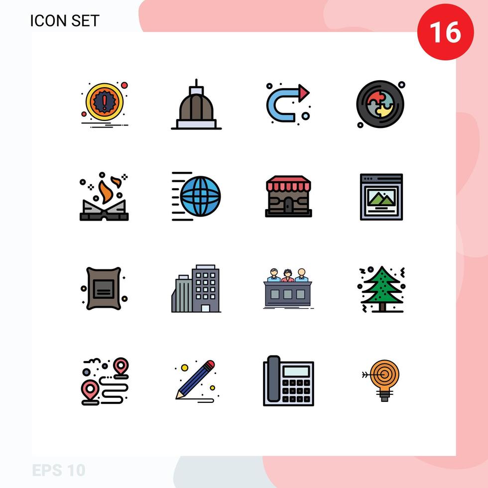 Modern Set of 16 Flat Color Filled Lines Pictograph of magic book arrow puzzle cd Editable Creative Vector Design Elements