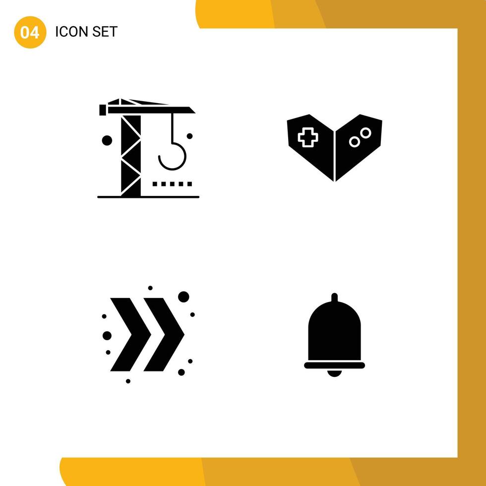 Mobile Interface Solid Glyph Set of 4 Pictograms of construction right tools playstation bell Editable Vector Design Elements