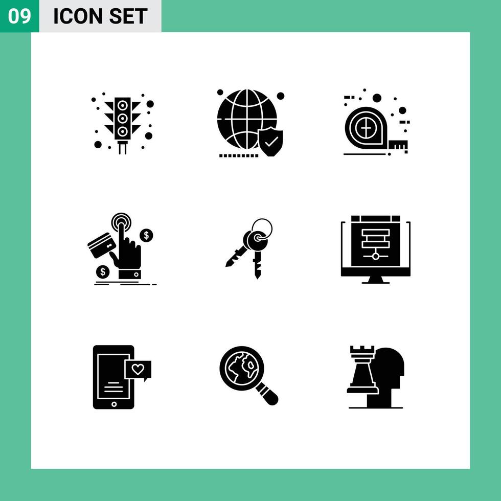 Set of 9 Vector Solid Glyphs on Grid for web pay secure click scale Editable Vector Design Elements