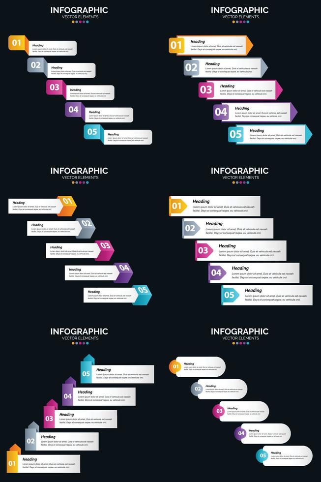 plantilla de diapositiva de presentación del paquete de infografías vectoriales 6 diagramas de ciclo de 5 pasos y líneas de tiempo vector