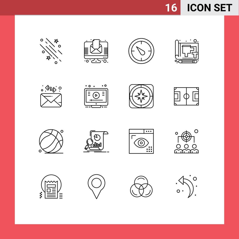 Modern Set of 16 Outlines Pictograph of envelope paper newspaper drawing blue Editable Vector Design Elements