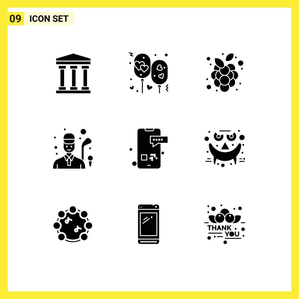 9 Thematic Vector Solid Glyphs and Editable Symbols of message game autumn fruits golfing golf Editable Vector Design Elements