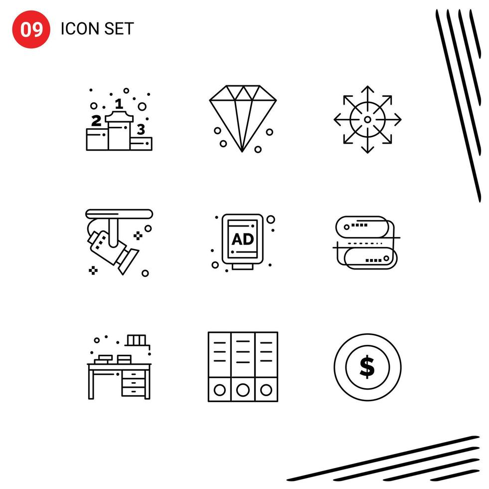 Universal Icon Symbols Group of 9 Modern Outlines of billboard spotlight advertising light bright Editable Vector Design Elements