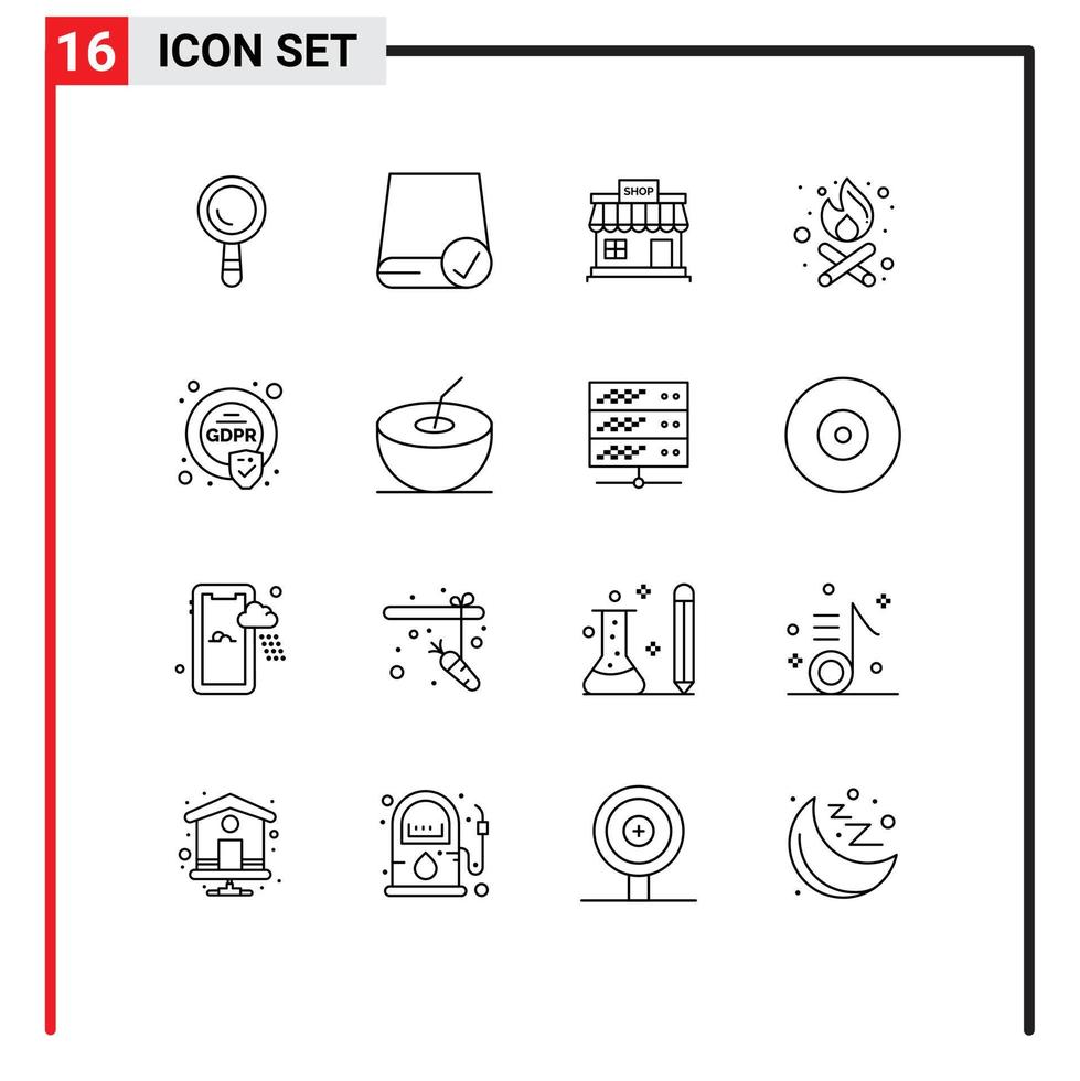 16 Universal Outline Signs Symbols of compliance party time shop fire market Editable Vector Design Elements