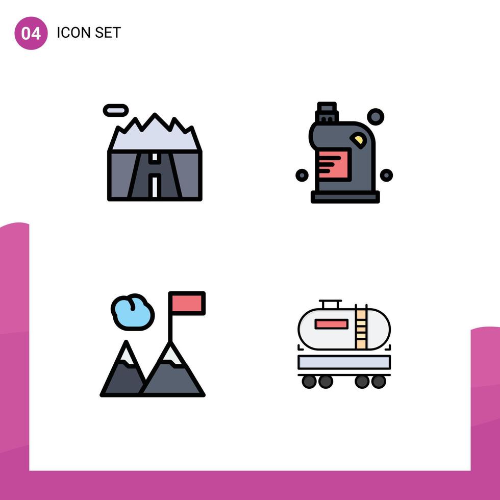 4 User Interface Filledline Flat Color Pack of modern Signs and Symbols of landscape business road drain mountains Editable Vector Design Elements